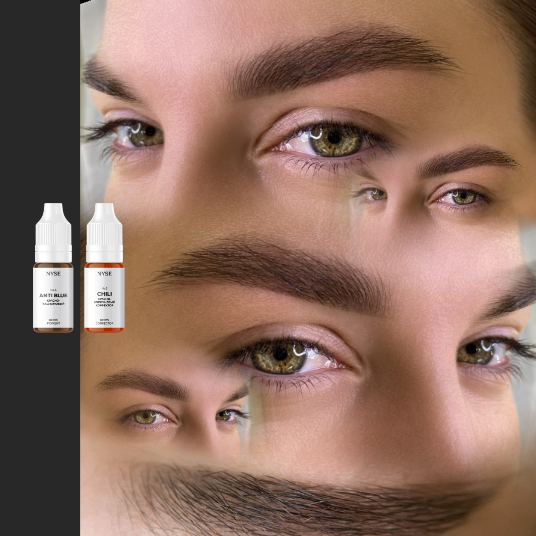 Corrector PMU NYSE Chili tono ocra cálido aplicado en cejas resultado natural neutralización de tonos fríos y grises micropigmentación profesional