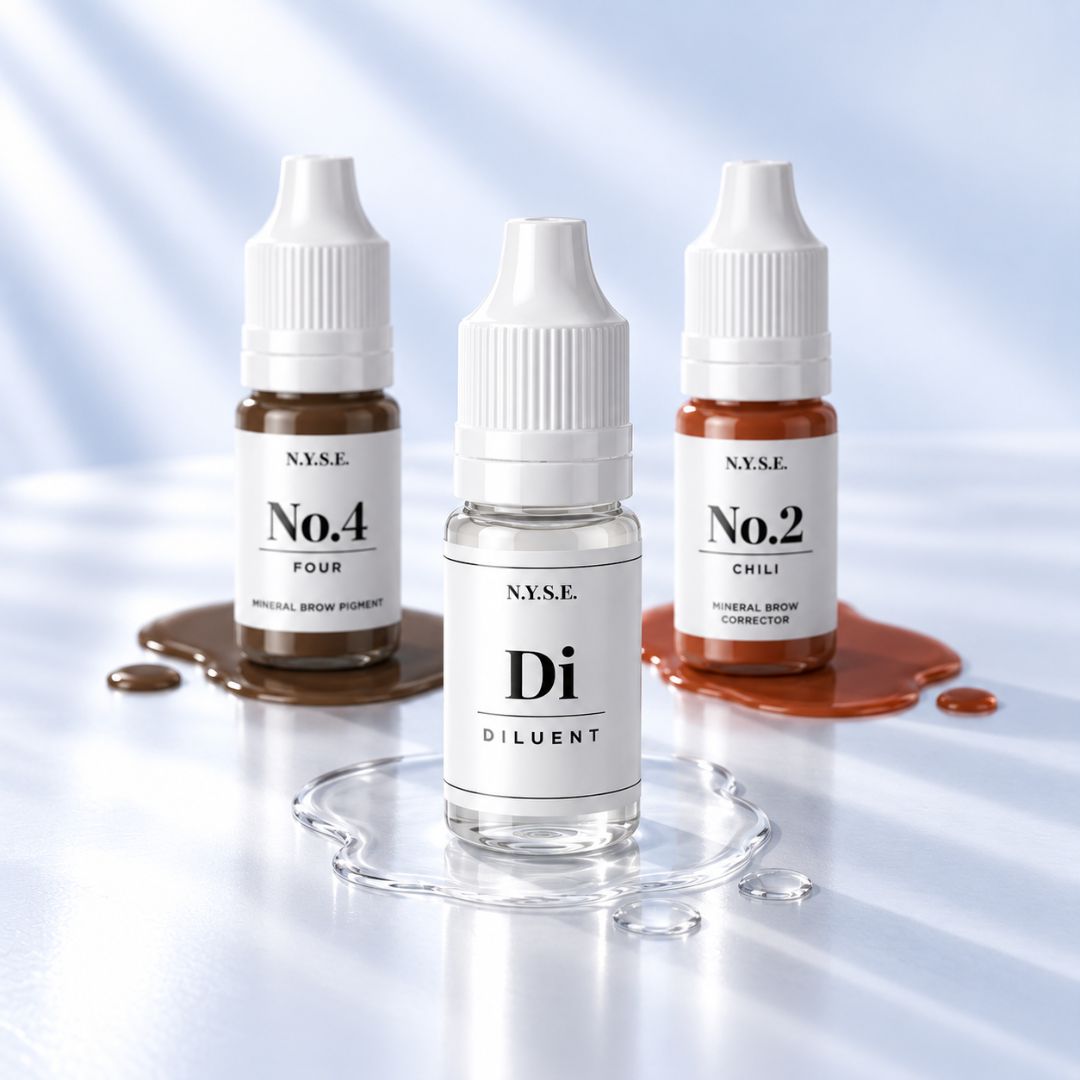 NYSE Diluent junto a pigmentos PMU NYSE No.4 Four y No.2 Chili, solución profesional para ajustar la fluidez de la mezcla