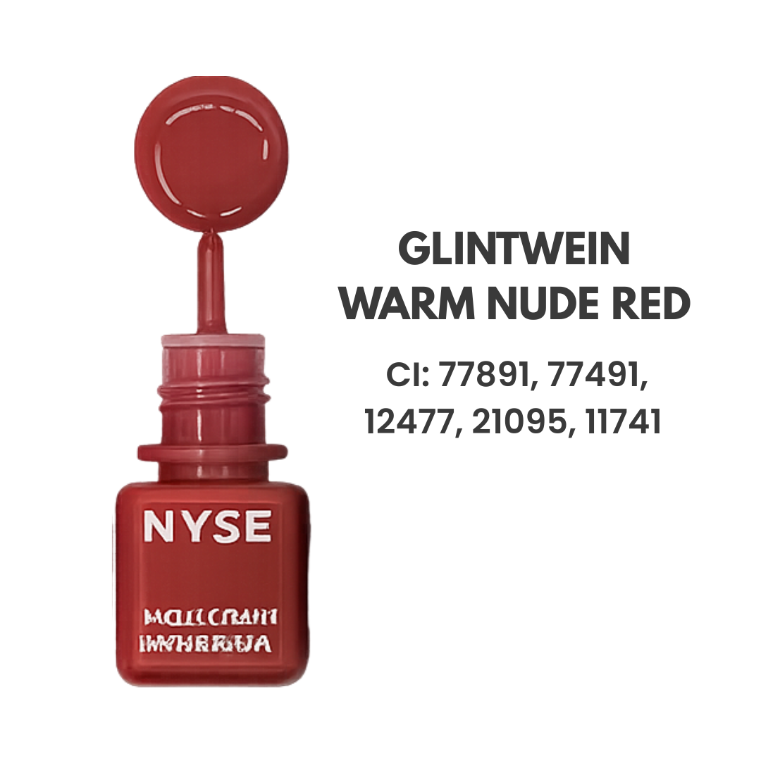 Pigmento PMU NYSE Glintwein Warm Nude Red para labios, muestra de rojo nude cálido e índices CI 77891 77491 12477 21095 y 11741
