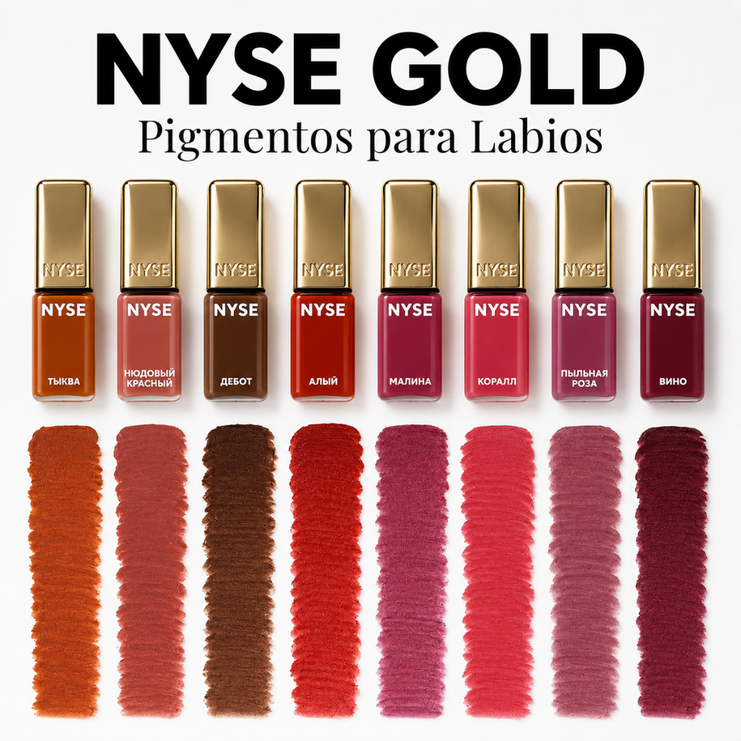 Colección NYSE Gold de pigmentos PMU para labios con Raspberry Coral Debut y tonos nude rojo berry profesionales