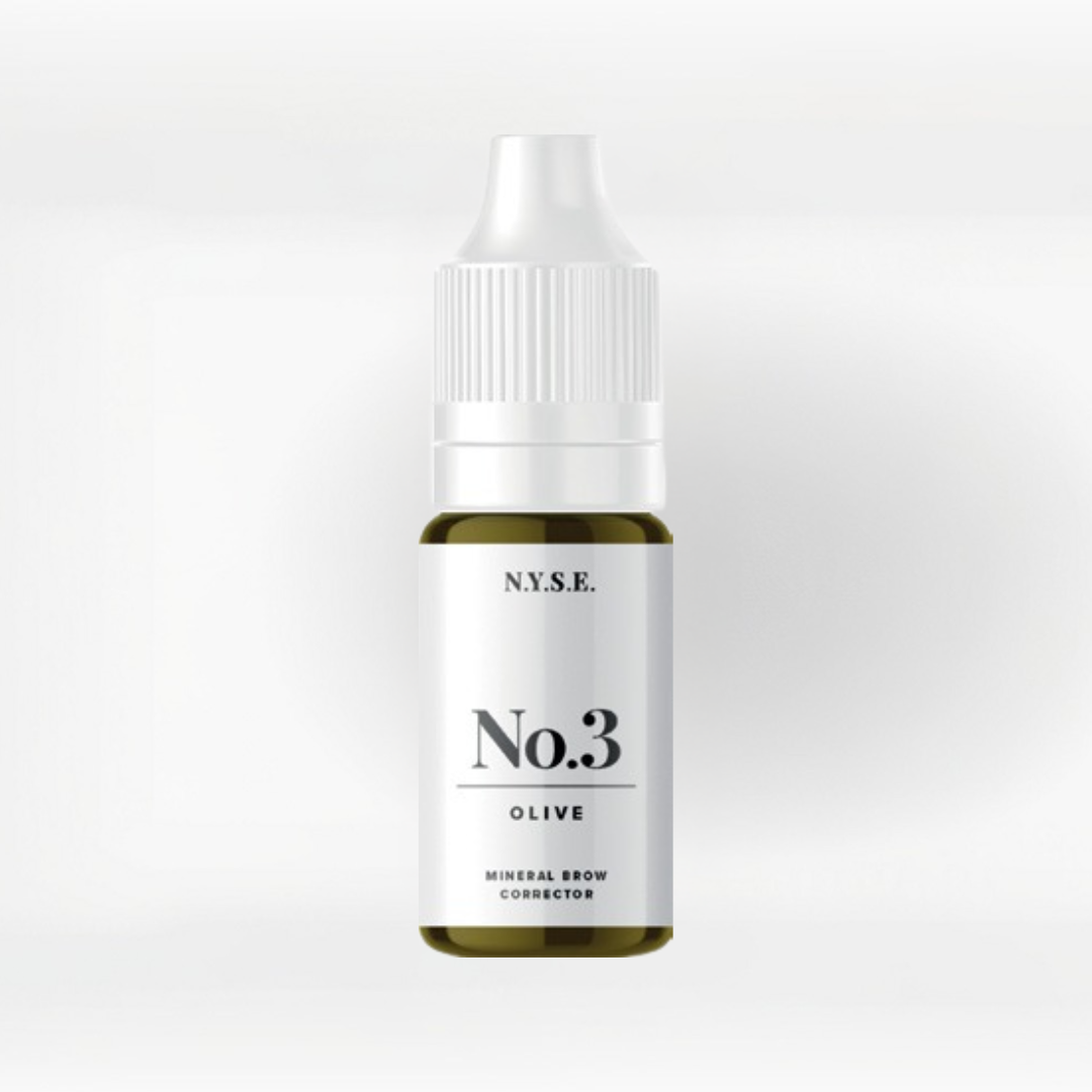 Corrector PMU NYSE No.3 Olive para cejas pigmento mineral oliva cálido frasco profesional packaging original