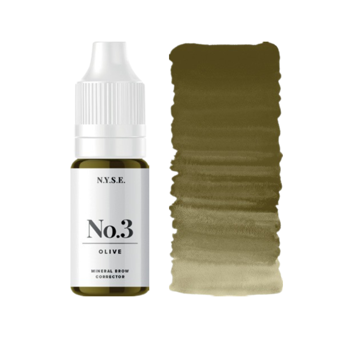 Textura pigmento corrector PMU NYSE Olive swatch oliva cálido neutralizador de tonos anaranjados en cejas