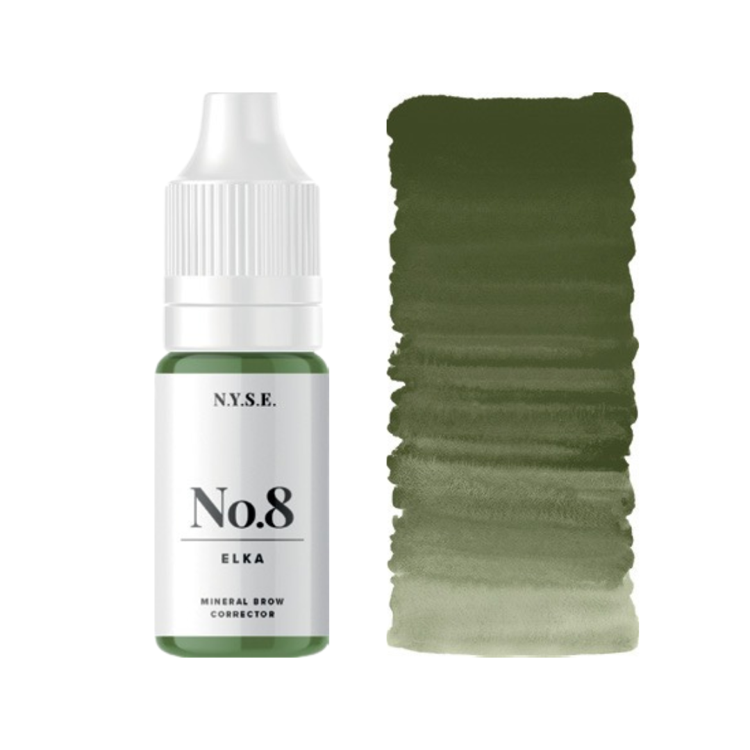 Corrector PMU NYSE No.8 Elka verde frío para cejas con swatch de textura pigmento mineral neutralizador de tonos rojos y anaranjados