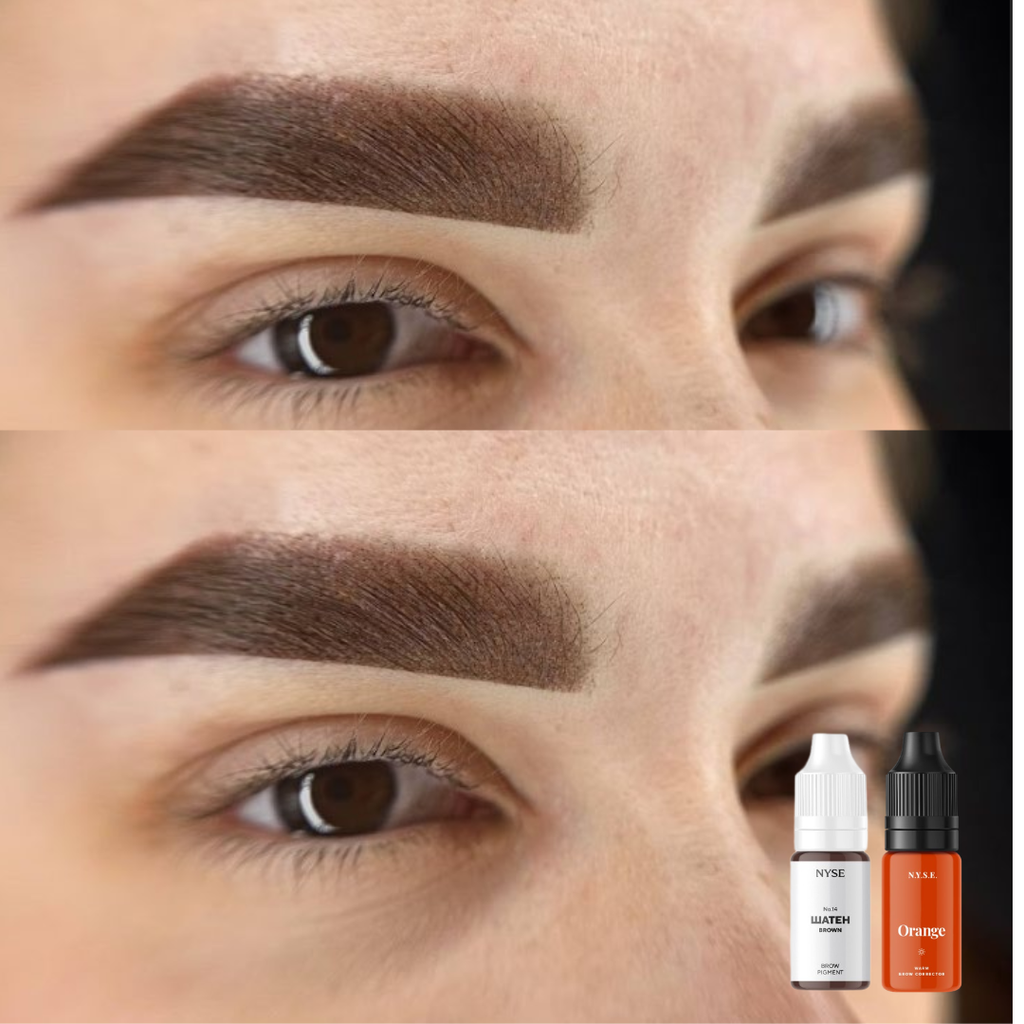 Corrección cejas PMU antes y después con NYSE Orange neutralización de tonos grises y azulados resultado natural profesional