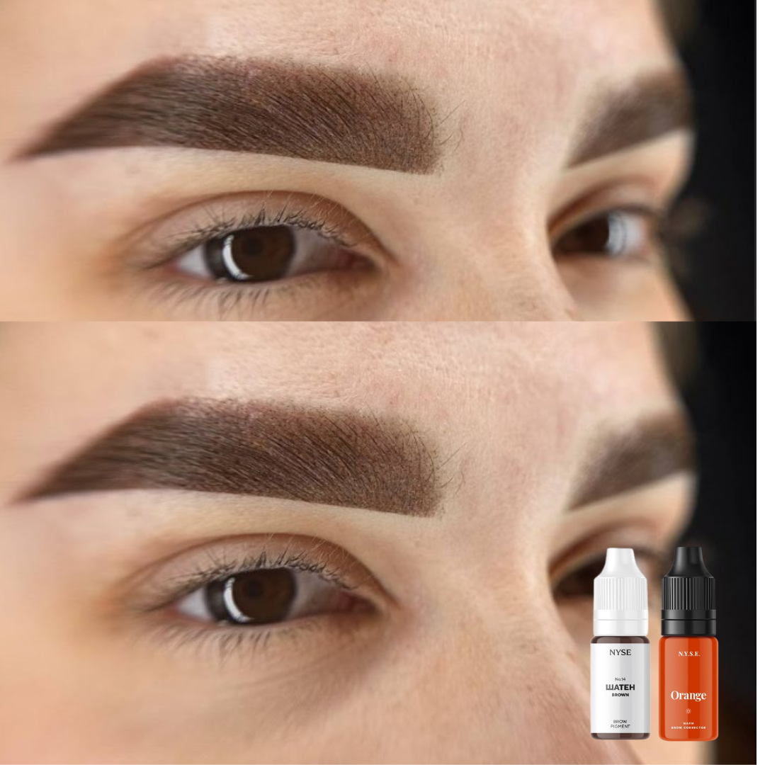 Corrección cejas PMU antes y después con NYSE Orange neutralización de tonos grises y azulados resultado natural profesional