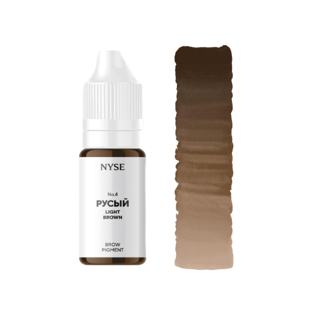 Pigmento PMU para cejas NYSE Rusy No4 marrón claro frío equilibrado con swatch de color, ideal para microblading y powder brows, disponible en 5 ml y 10 ml