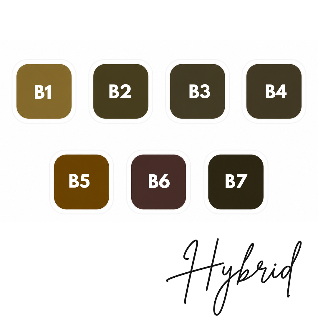 Carta de colores Peintó Hybrid Brows mostrando B6 Hot Chocolate junto a los tonos B1 Wheat B2 Nut B3 Brown Diamond B4 Chestnut B5 Cognac y B7 Dark Chocolate para micropigmentación profesional de cejas