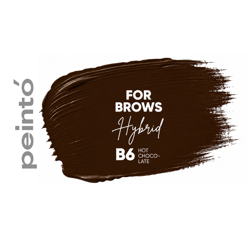 Textura del pigmento híbrido Peintó B6 Hot Chocolate para cejas tono marrón oscuro cálido sobre base roja indicado para micropigmentación profesional