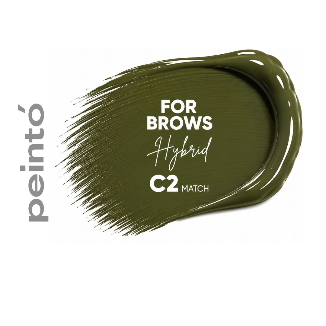 Textura y swatch del corrector PMU Peintó C2 Match verde frío para neutralización de cejas con residuos rojos y anaranjados