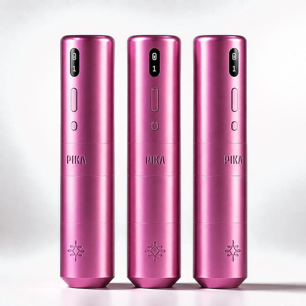 Máquina PMU PIKA Wireless rosa para maquillaje permanente y micropigmentación profesional, vista frontal del dispositivo