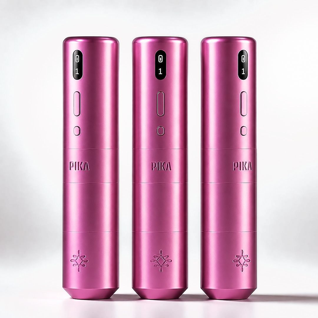 Máquina PMU PIKA Wireless rosa para maquillaje permanente y micropigmentación profesional, vista frontal del dispositivo
