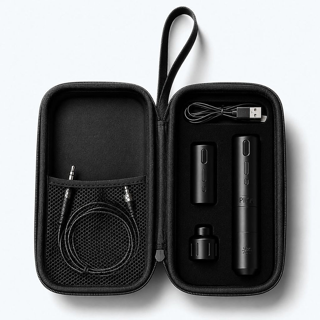 Kit PIKA Wireless negro para micropigmentación con máquina PMU, módulo de batería, adaptador, cables y estuche de transporte
