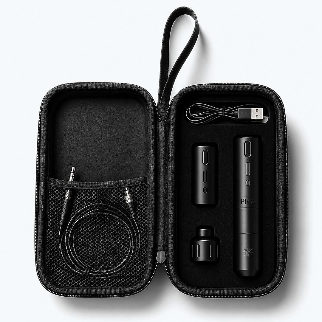 Kit PIKA Wireless negro para micropigmentación con máquina PMU, módulo de batería, adaptador, cables y estuche de transporte