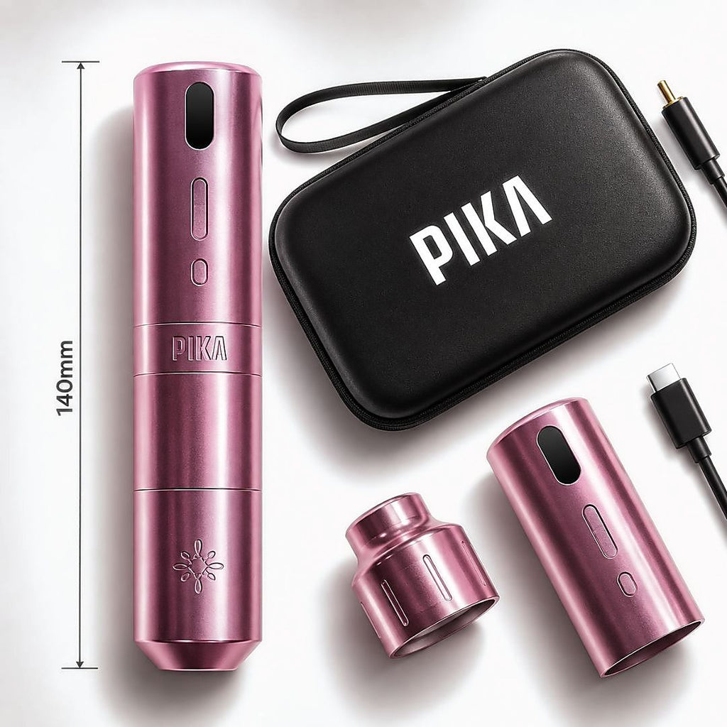 Máquina PMU PIKA Wireless rosa de 140 mm con estuche, módulo desmontable y accesorios de conexión para uso profesional
