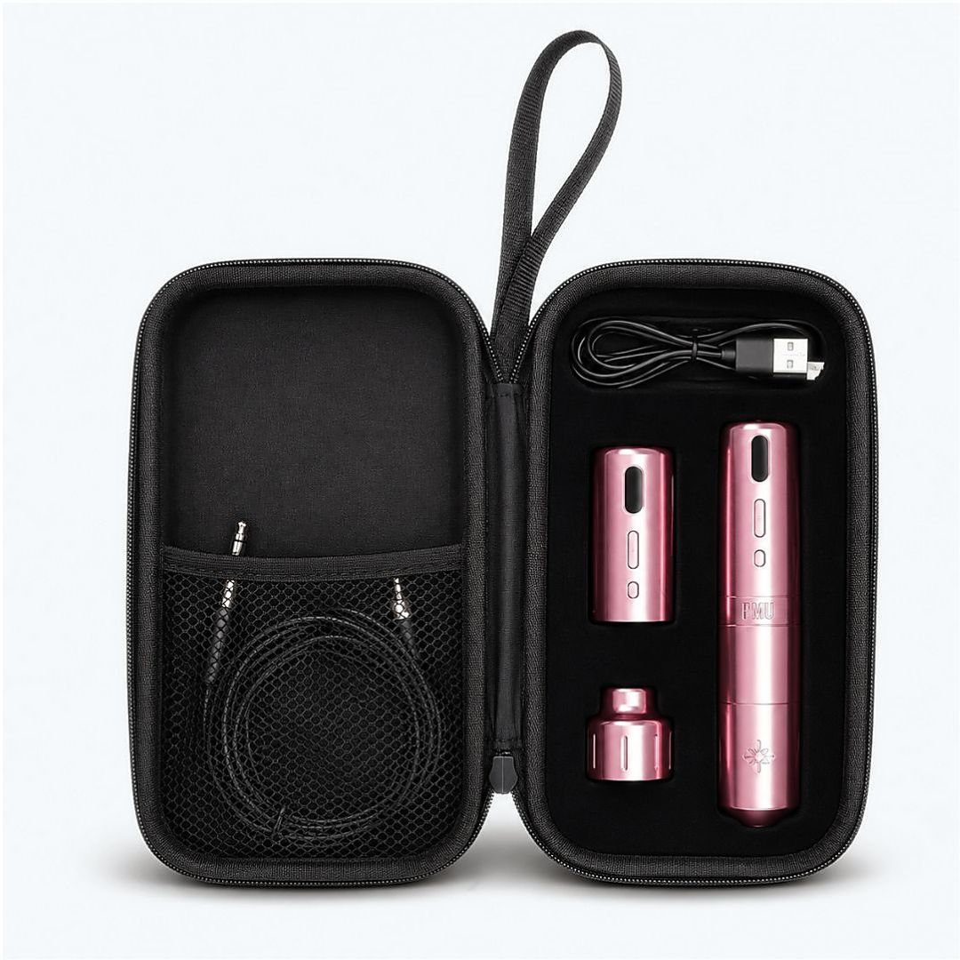 Kit PIKA Wireless rosa para micropigmentación con máquina PMU, módulo de batería, adaptador, cables y estuche de transporte