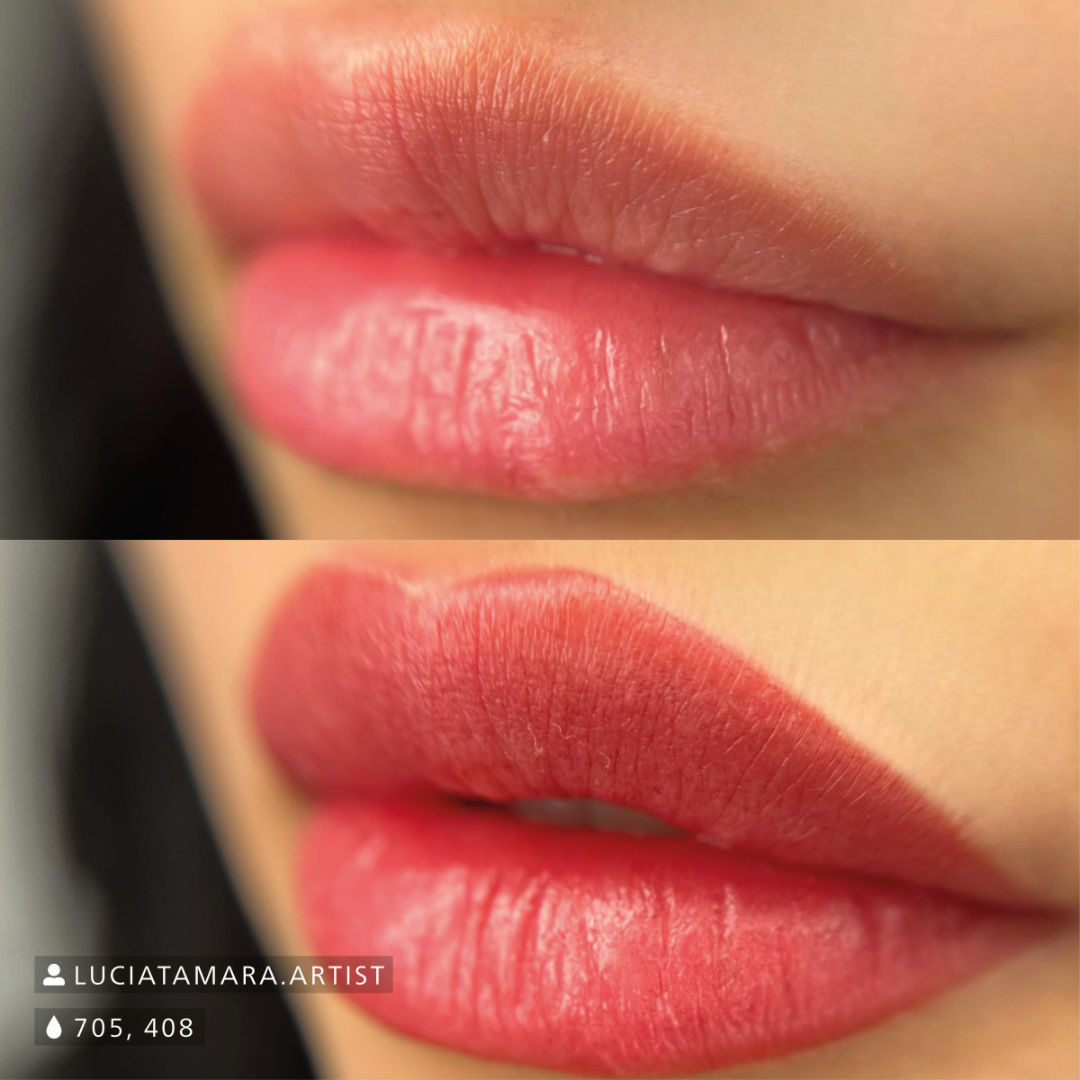 Resultado de micropigmentación de labios con mezcla Swiss Color 705 Dark Umbra y 408 Maroon Red, efecto empolvado intenso, alta cobertura y acabado uniforme