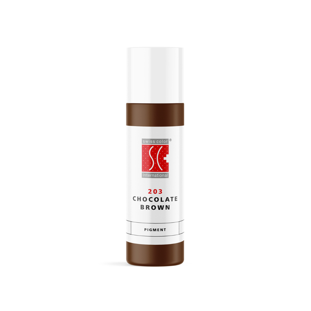 Pigmento PMU para cejas Swiss Color 203 Chocolate Brown 10 ml en frasco original, marrón cálido de uso profesional