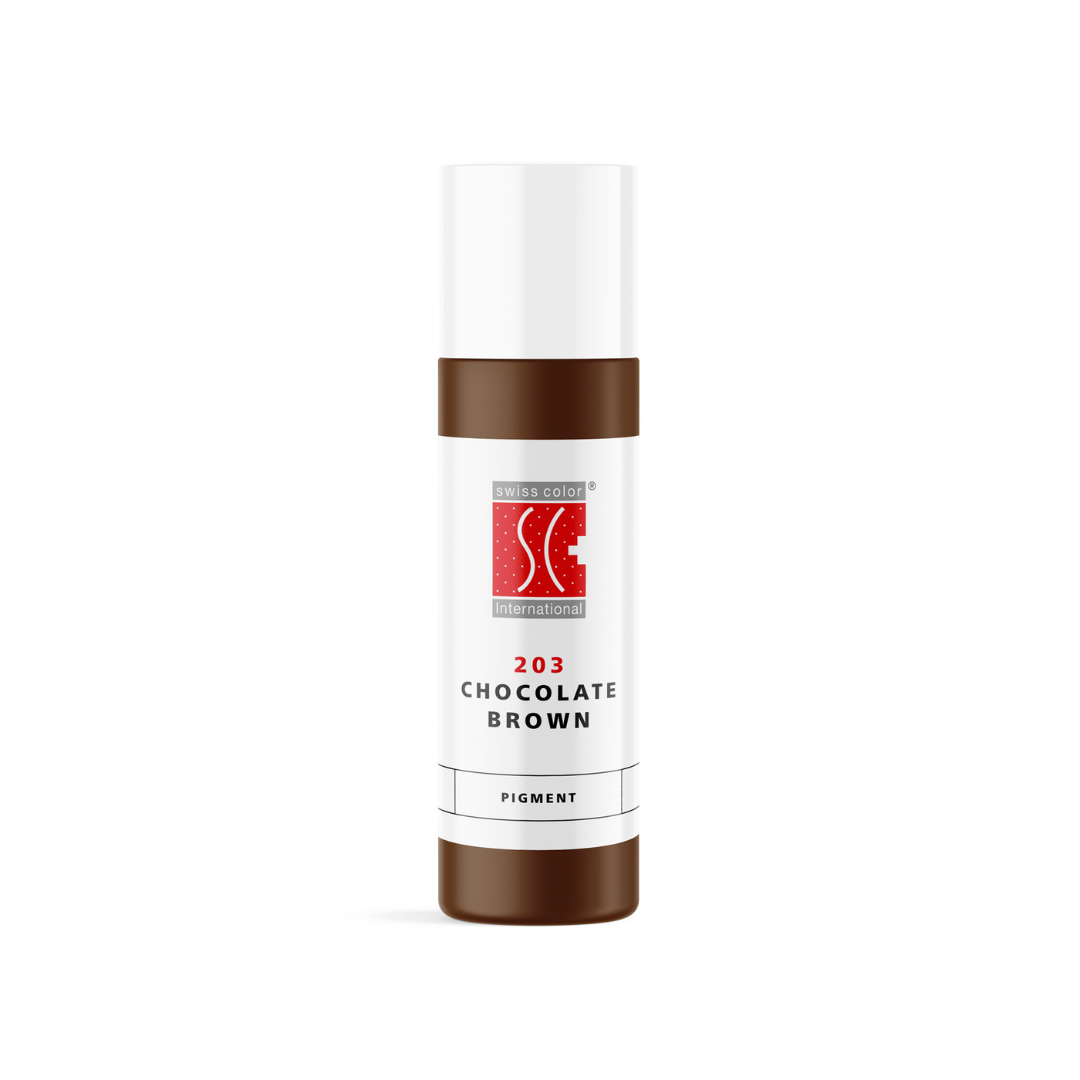 Pigmento PMU para cejas Swiss Color 203 Chocolate Brown 10 ml en frasco original, marrón cálido de uso profesional
