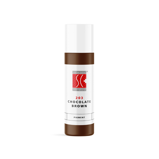 Pigmento PMU para cejas Swiss Color 203 Chocolate Brown 10 ml en frasco original, marrón cálido de uso profesional