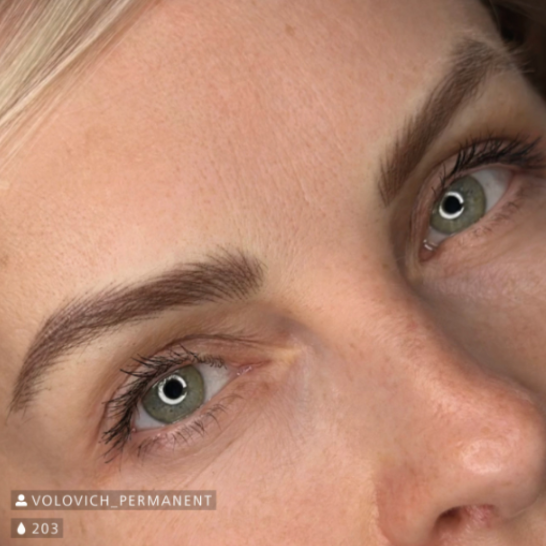 Resultado de micropigmentación de cejas con Swiss Color 203 Chocolate Brown, marrón cálido natural en cejas definidas y armoniosas
