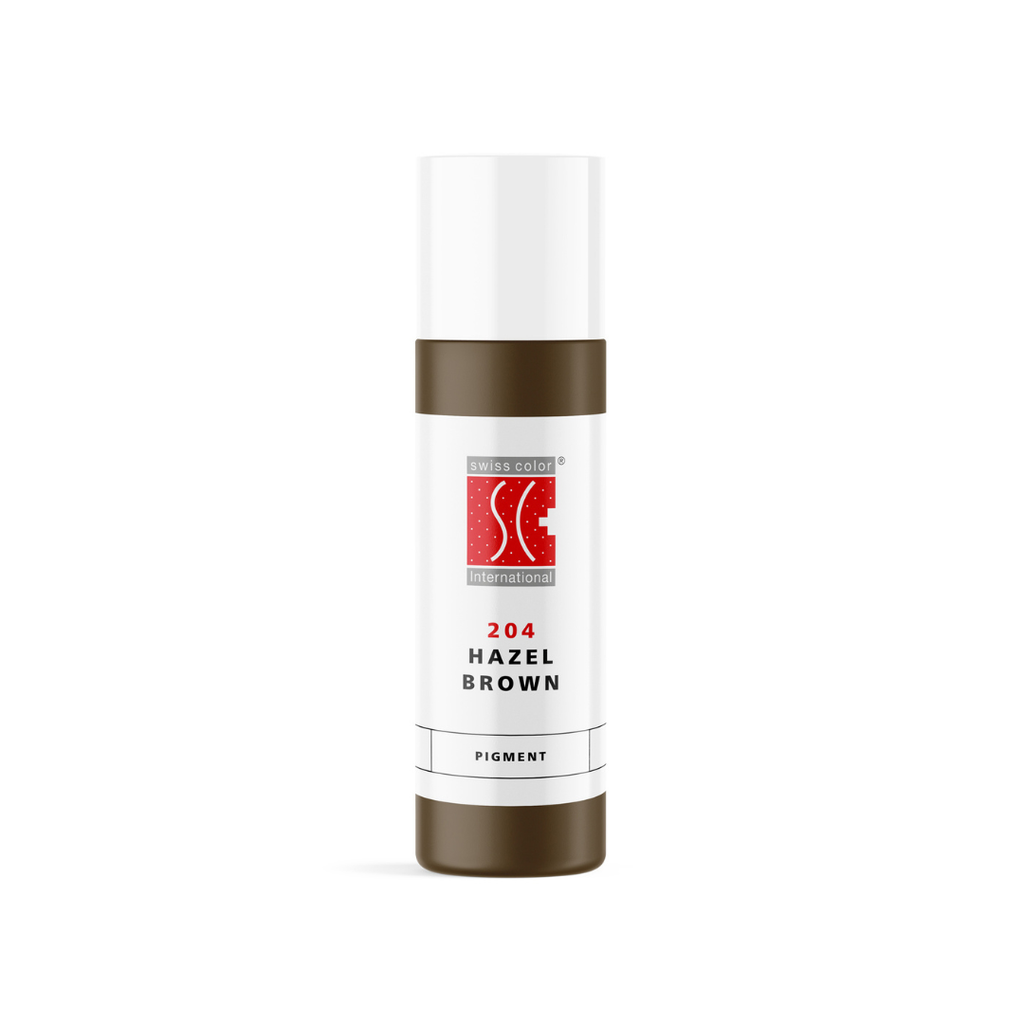 Pigmento PMU para cejas Swiss Color 204 Hazel Brown en frasco original, tono castaño avellana suave para uso profesional