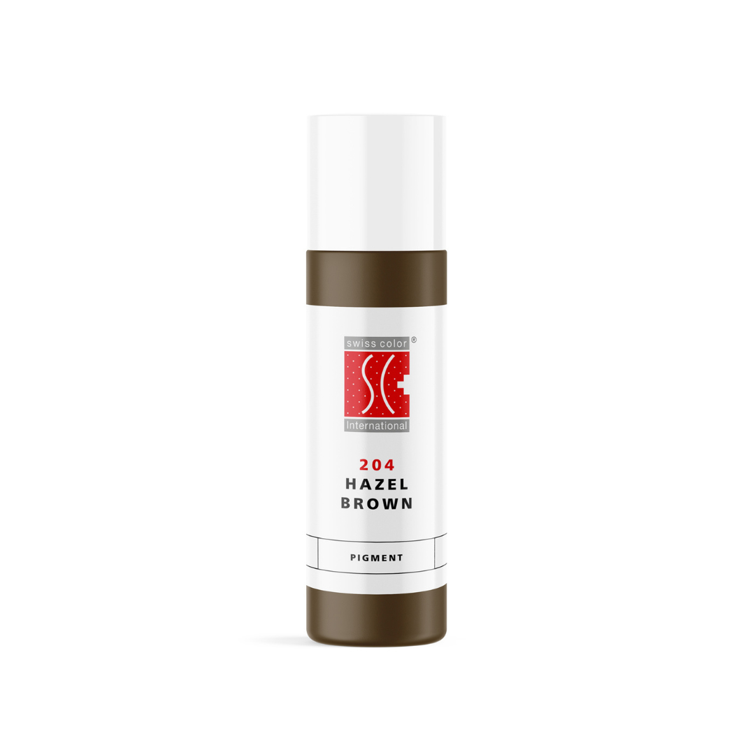 Pigmento PMU para cejas Swiss Color 204 Hazel Brown en frasco original, tono castaño avellana suave para uso profesional