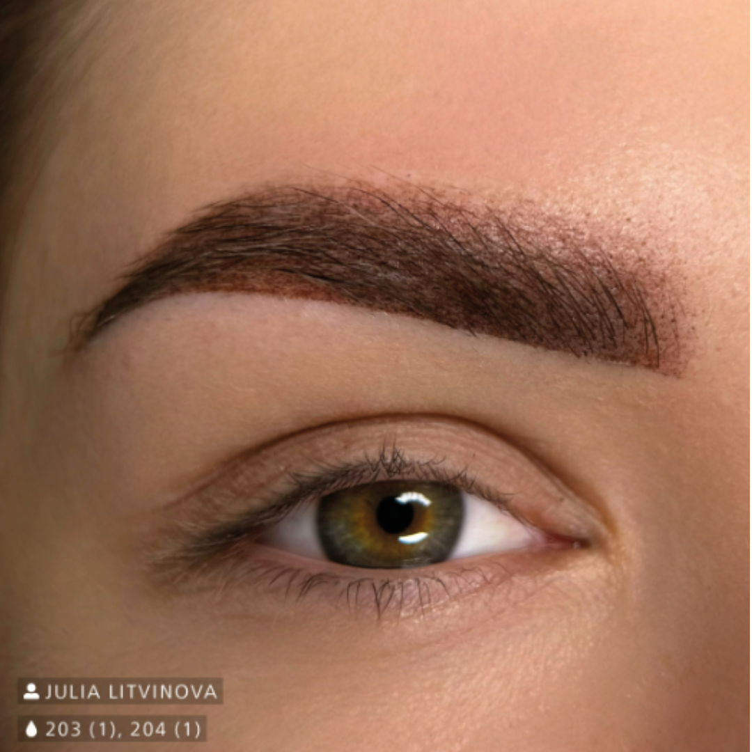 Resultado de micropigmentación de cejas con Swiss Color 204 Hazel Brown, castaño avellana suave con efecto natural, equilibrado y elegante