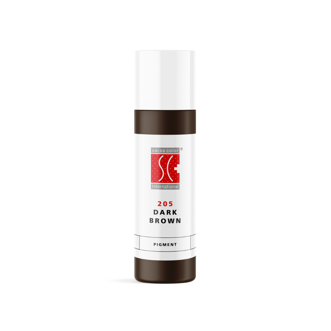Pigmento PMU para cejas Swiss Color 205 Dark Brown en frasco original, marrón oscuro neutro de uso profesional