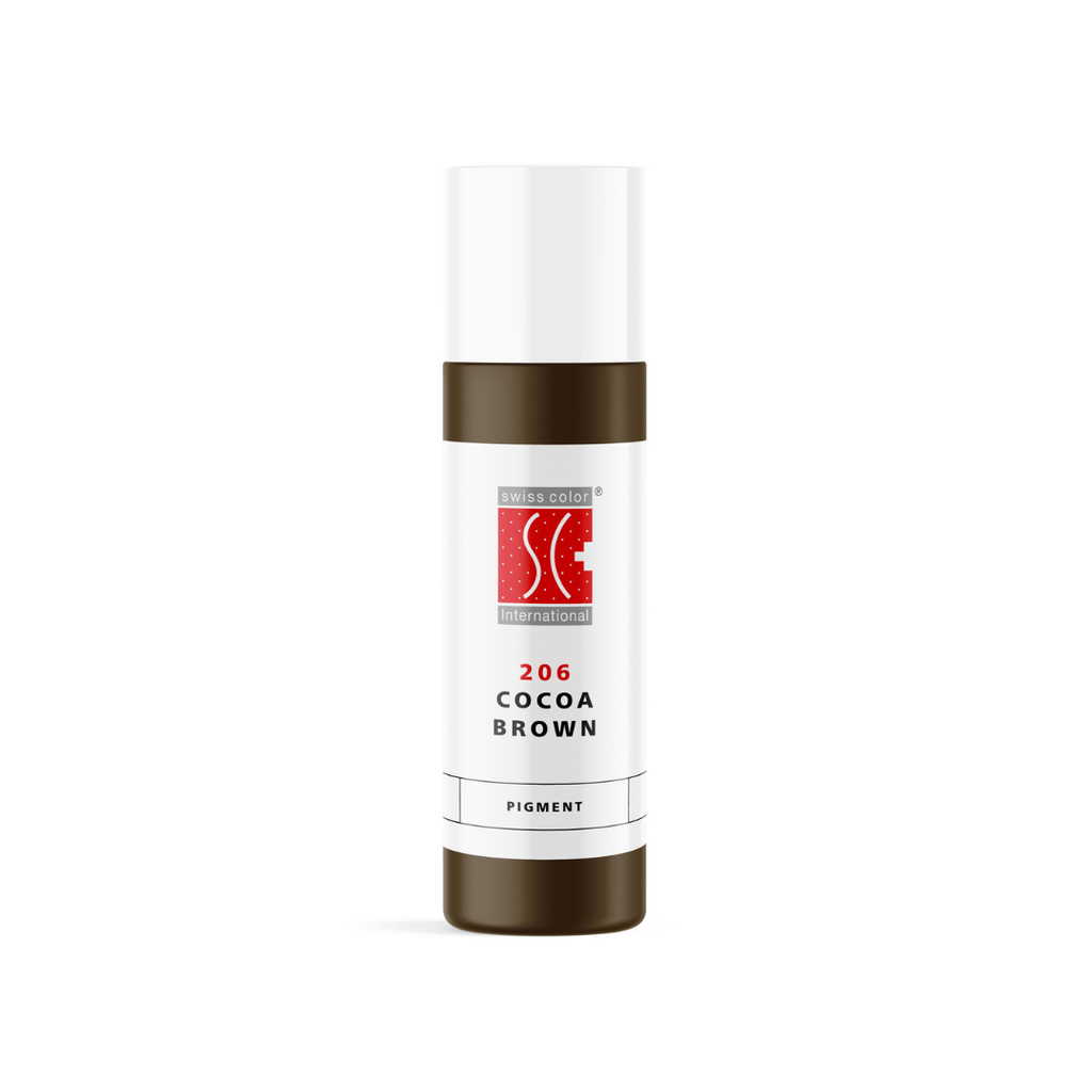 Pigmento PMU para cejas Swiss Color 206 Cocoa Brown 10 ml en frasco original, marrón ceniza frío de uso profesional