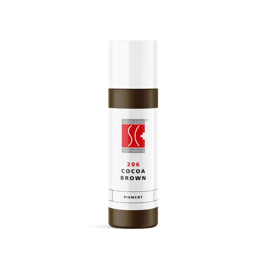 Pigmento PMU para cejas Swiss Color 206 Cocoa Brown 10 ml en frasco original, marrón ceniza frío de uso profesional