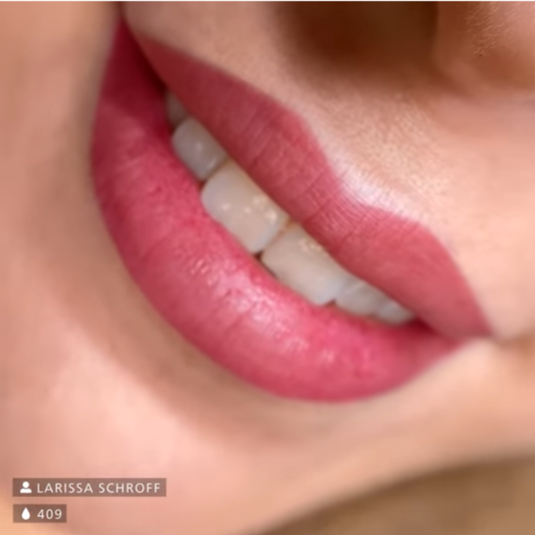 Resultado pigmento PMU Swiss Color 409 Sugar Pink técnica Baby Lips rosa frío natural micropigmentación labios profesional