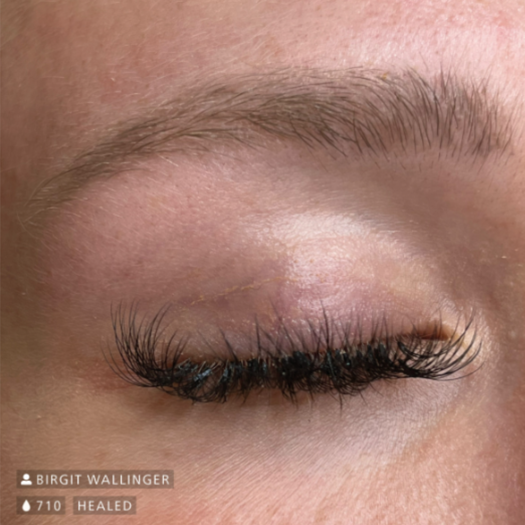 Resultado curado de micropigmentación de cejas con Swiss Color 710 Tender Brown, castaño medio neutro de efecto suave, natural y armonioso