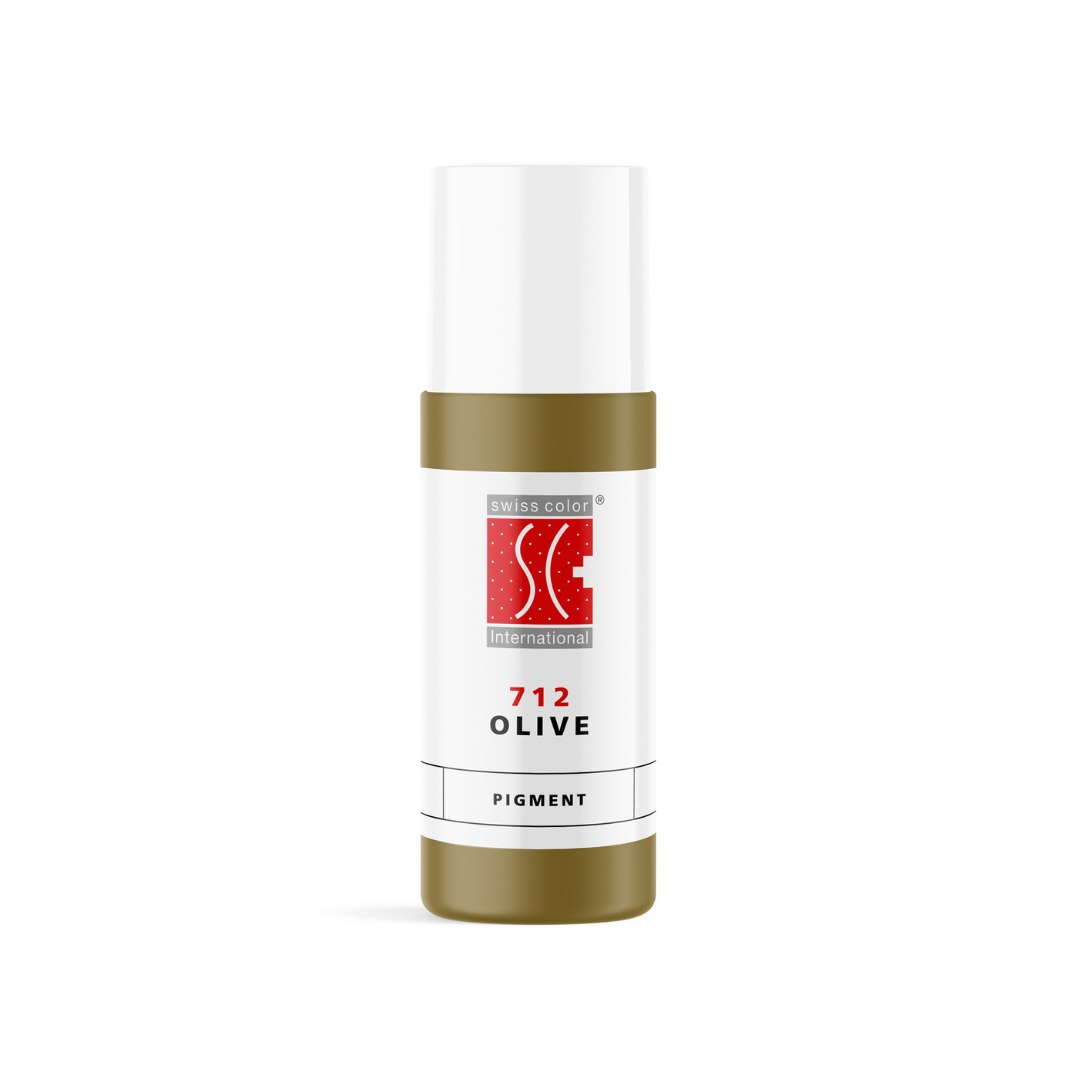Pigmento corrector PMU Swiss Color 712 Olive 5 ml verde oliva cálido en frasco profesional para neutralización de cejas y corrección avanzada