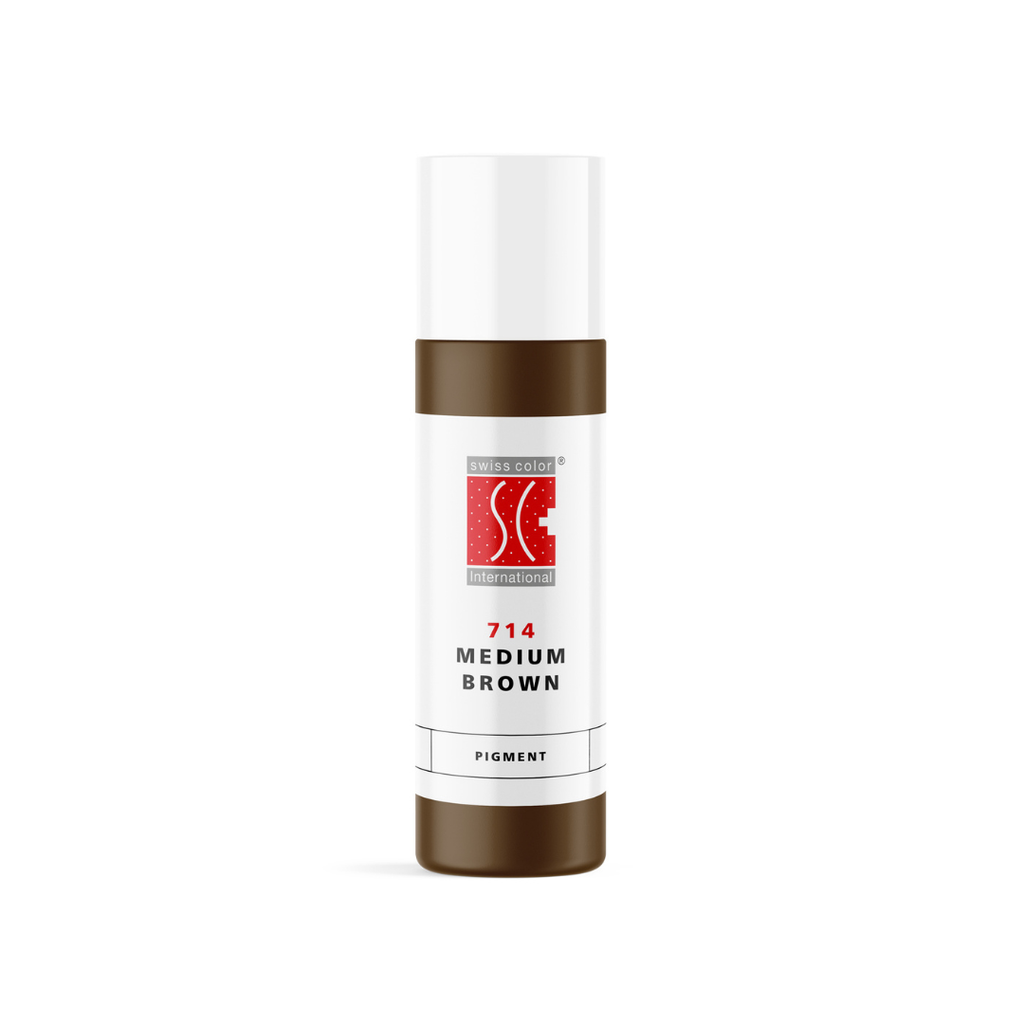 Pigmento PMU para cejas Swiss Color 714 Medium Brown en frasco original, marrón medio cálido de uso profesional