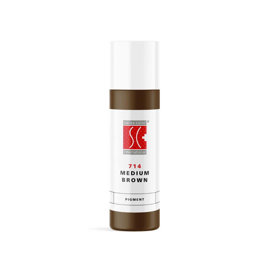 Pigmento PMU para cejas Swiss Color 714 Medium Brown en frasco original, marrón medio cálido de uso profesional