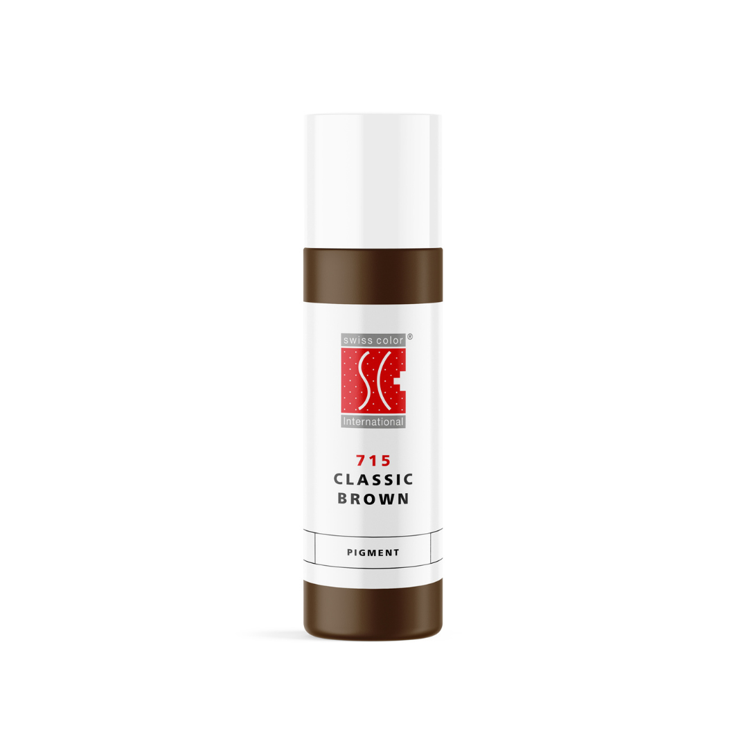 Pigmento PMU para cejas Swiss Color 715 Classic Brown en frasco original, marrón medio oscuro equilibrado de uso profesional