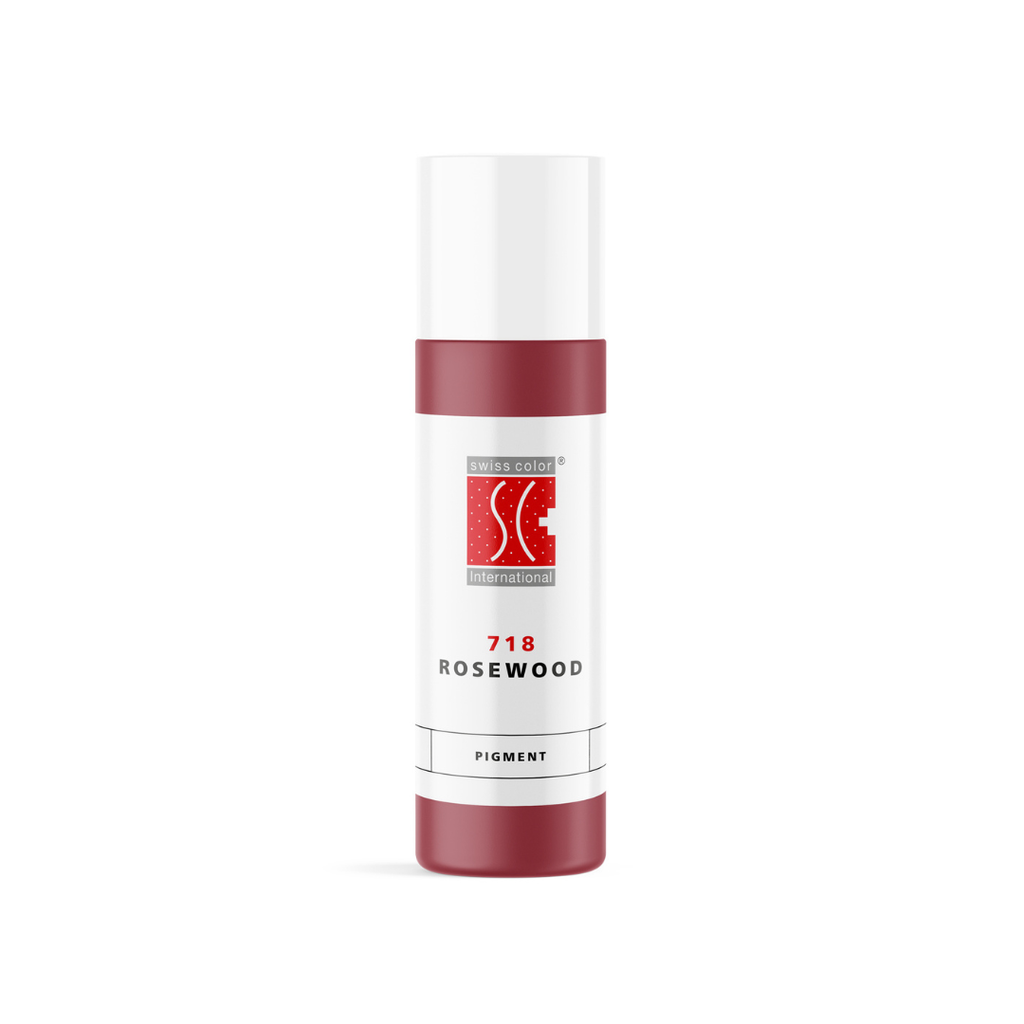 Pigmento PMU Swiss Color 718 Rosewood para labios y areola, nude rosado neutro de cobertura media, frasco original disponible en 5 ml y 10 ml