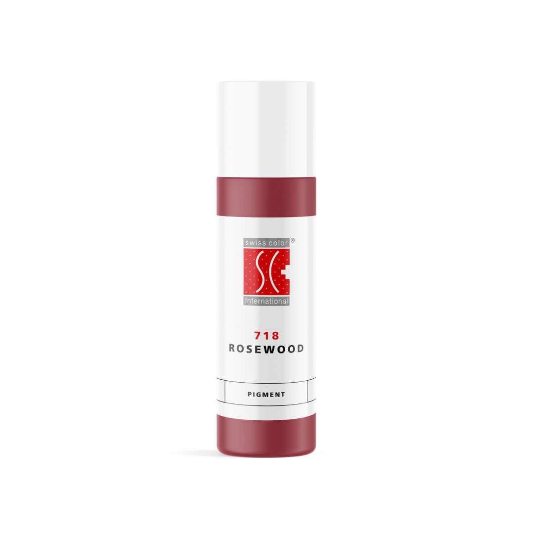 Pigmento PMU Swiss Color 718 Rosewood para labios y areola, nude rosado neutro de cobertura media, frasco original disponible en 5 ml y 10 ml