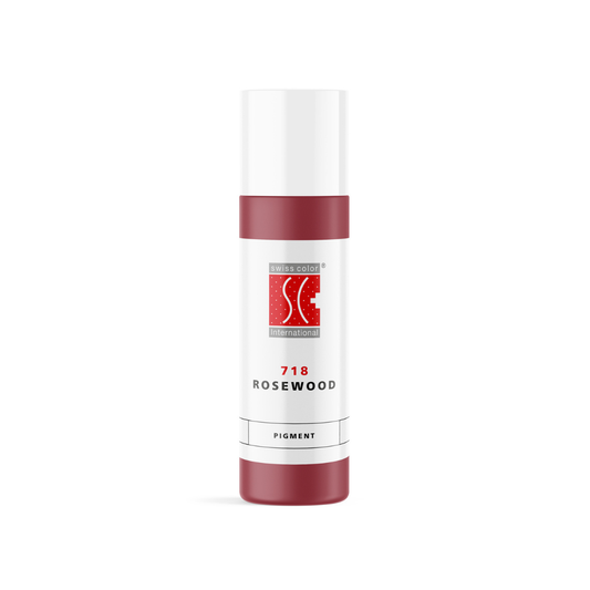 Pigmento PMU Swiss Color 718 Rosewood para labios y areola, nude rosado neutro de cobertura media, frasco original disponible en 5 ml y 10 ml