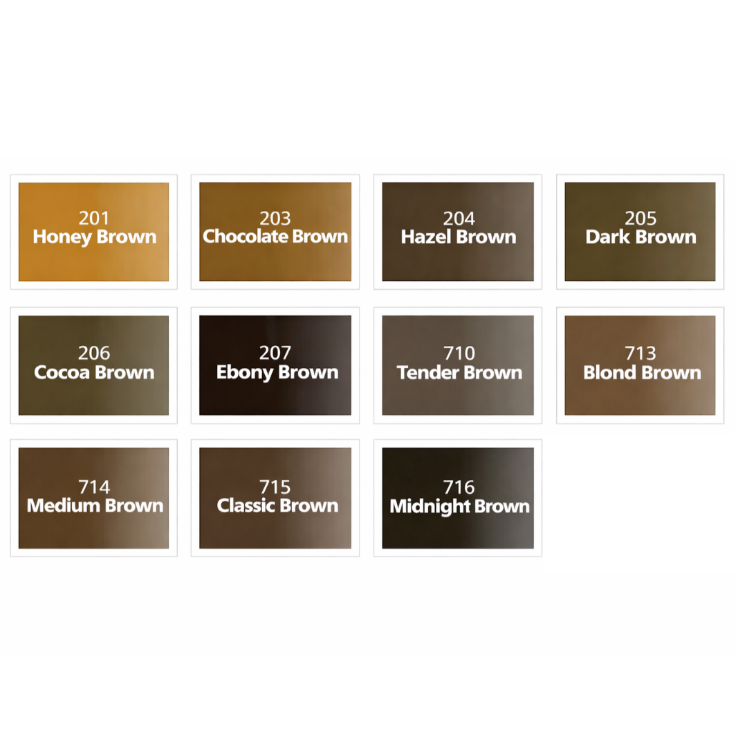 Carta de colores de pigmentos PMU para cejas Swiss Color con el tono 716 Midnight Brown dentro de la gama brow profesional
