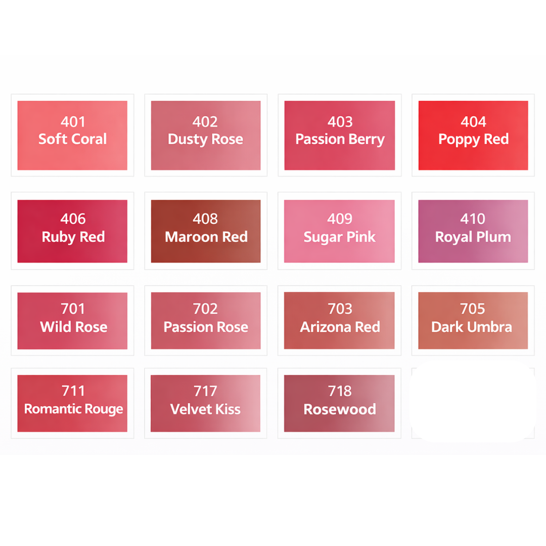 Carta de colores de pigmentos PMU Swiss Color Lips con referencias 401–718, incluye 717 Velvet Kiss para selección profesional de tono en labios