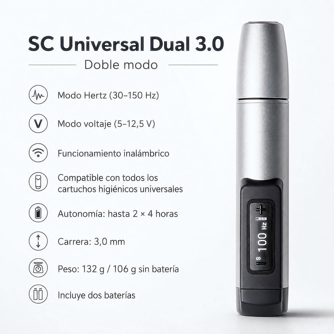 Swiss Color SC Universal Dual 3.0 dermógrafo PMU wireless con 30–150 Hz, 5–12,5 V, stroke 3,0 mm y dos baterías