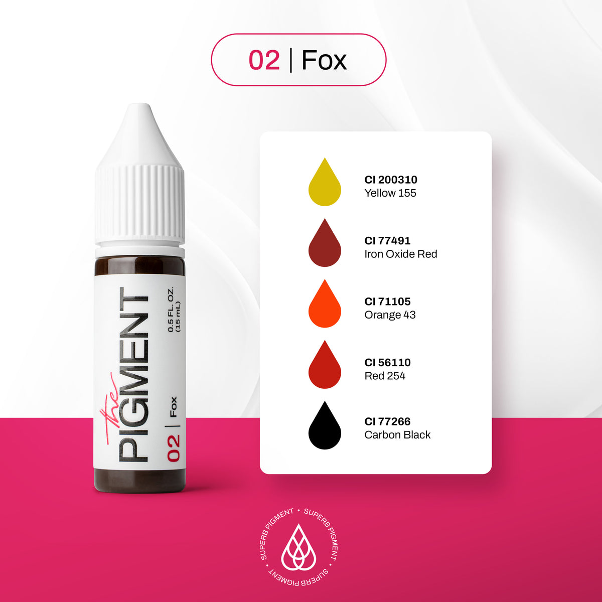 Pigmento PMU para cejas The Pigment 02 Fox composición INCI CI 200310 Yellow 155 CI 77491 Iron Oxide Red CI 77266 Carbon Black fórmula híbrida profesional