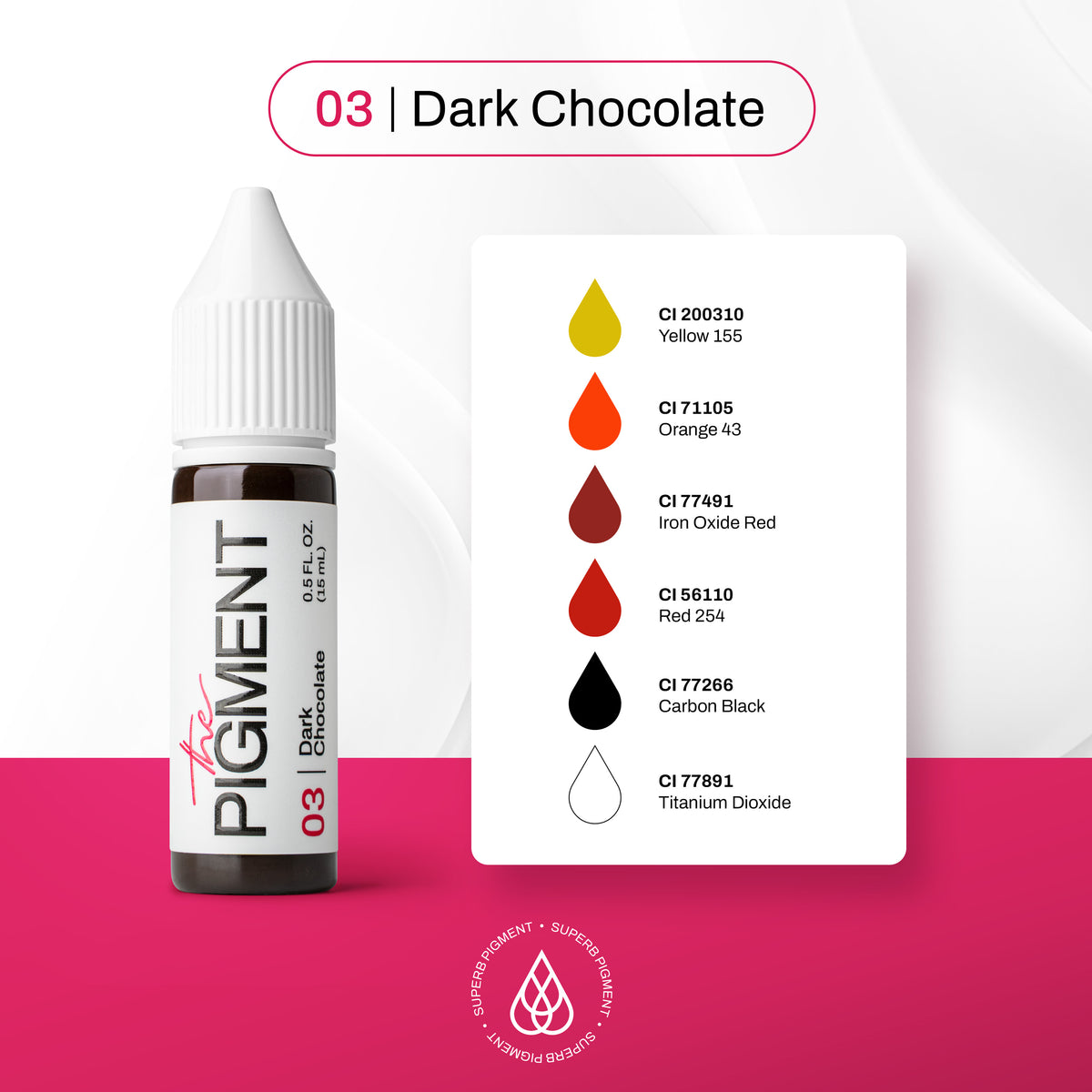 INCI pigmento PMU para cejas The Pigment 03 Dark Chocolate CI 200310 CI 71105 CI 77491 CI 77266 CI 77891 composición profesional híbrida