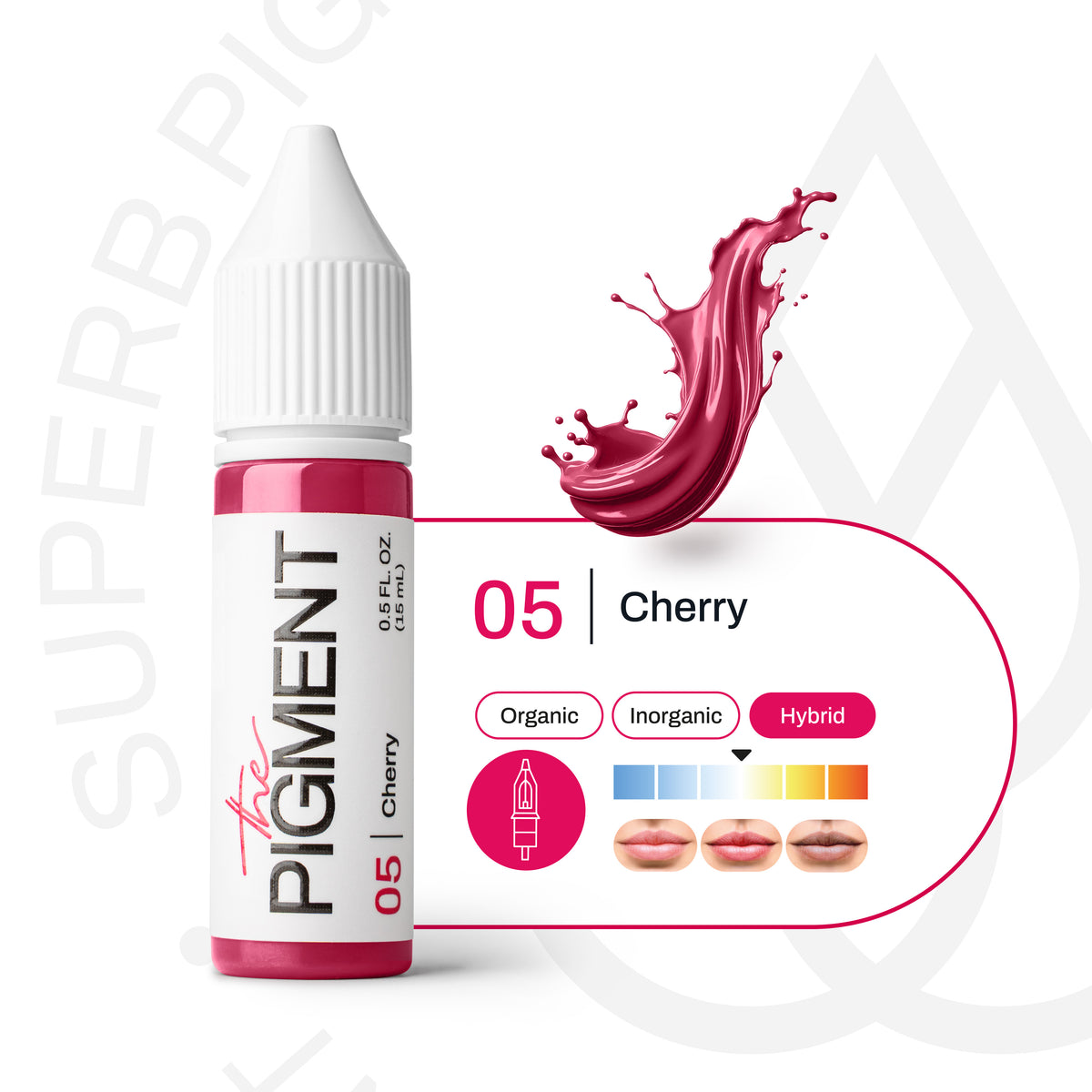 Ficha técnica del pigmento PMU The Pigment 05 Cherry para labios, fórmula híbrida con guía visual de subtono y aplicación profesional.
