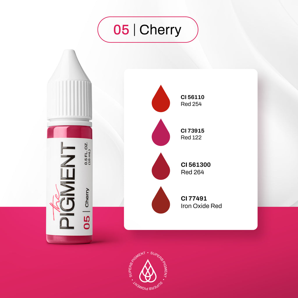 Composición CI del pigmento PMU The Pigment 05 Cherry para labios: CI 56110 Red 254, CI 73915 Red 122, CI 561300 Red 264 y CI 77491 Iron Oxide Red.