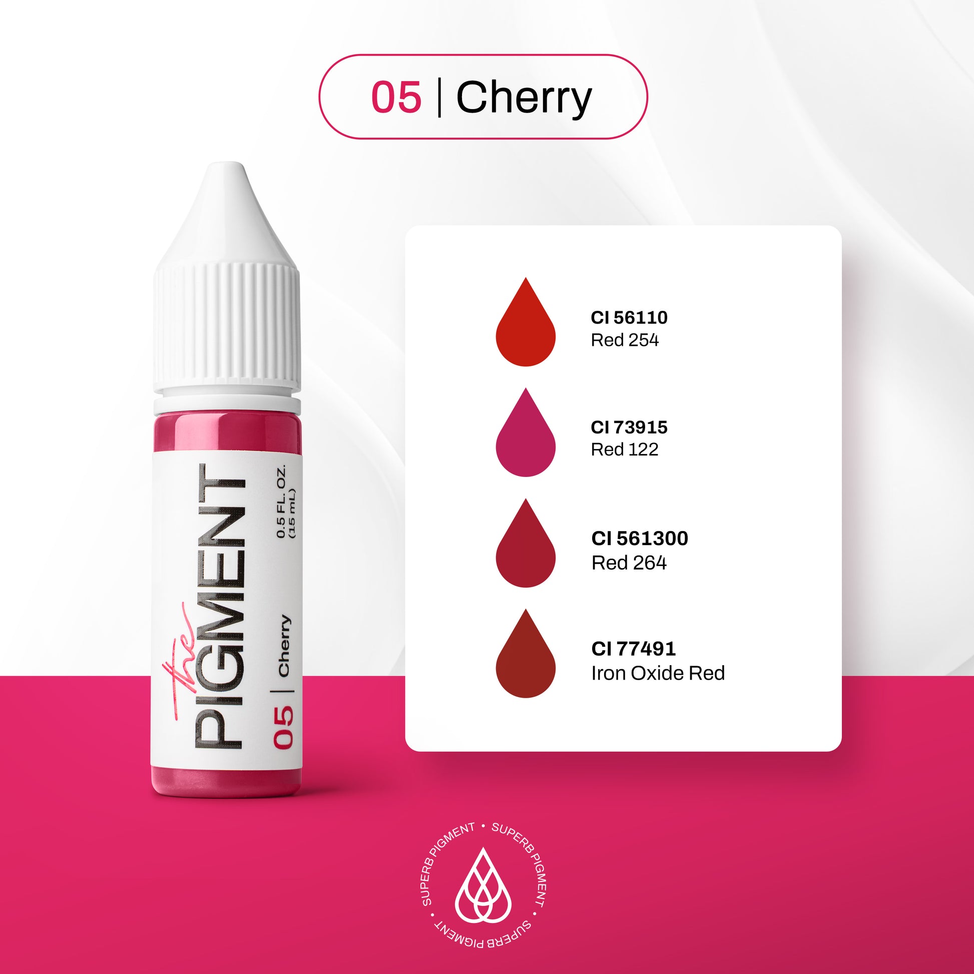 Composición CI del pigmento PMU The Pigment 05 Cherry para labios: CI 56110 Red 254, CI 73915 Red 122, CI 561300 Red 264 y CI 77491 Iron Oxide Red.