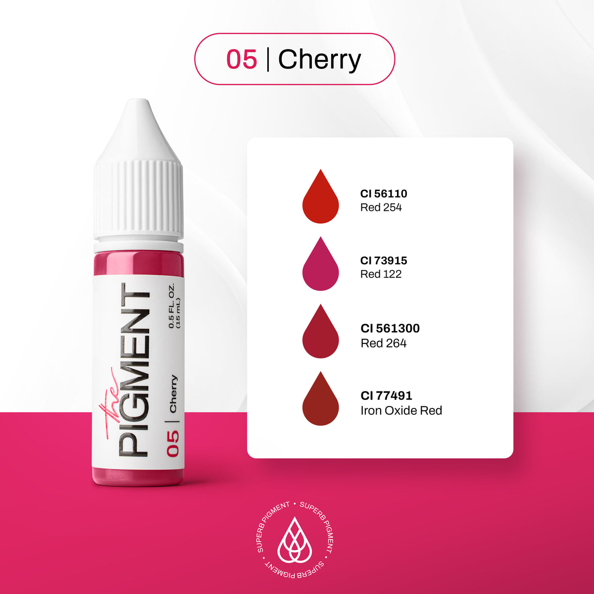 Composición CI del pigmento PMU The Pigment 05 Cherry para labios: CI 56110 Red 254, CI 73915 Red 122, CI 561300 Red 264 y CI 77491 Iron Oxide Red.