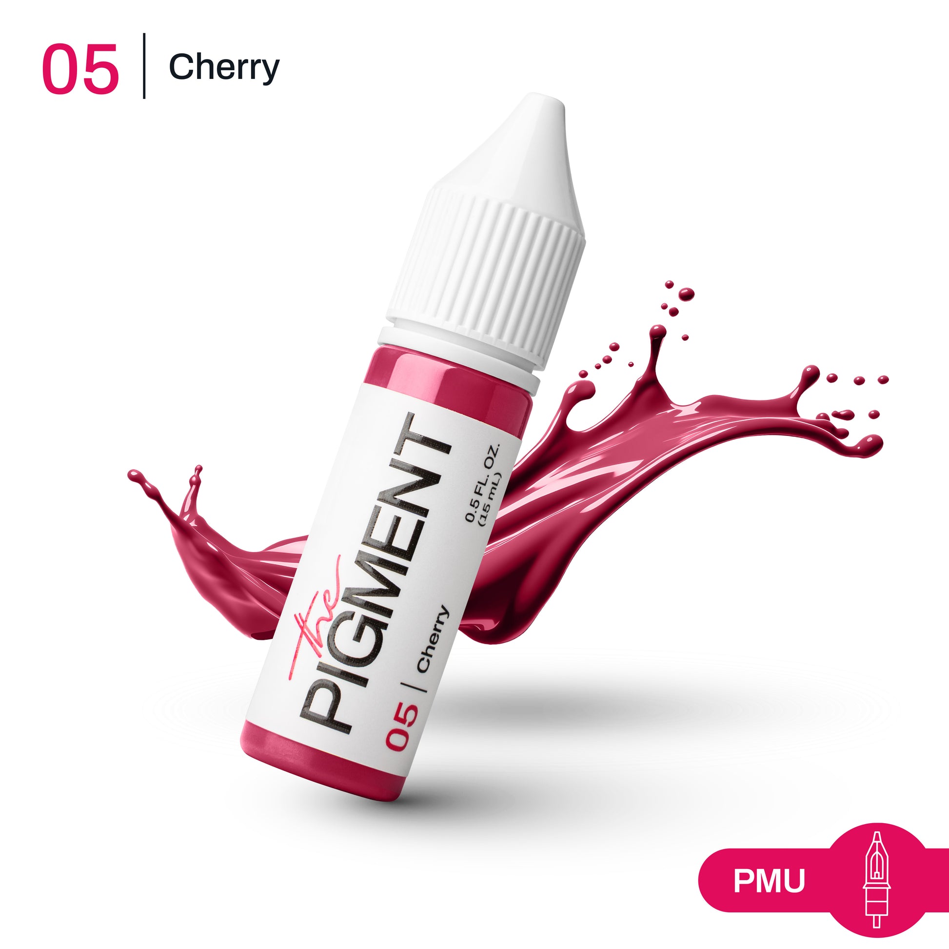 Textura del pigmento PMU 05 Cherry en rojo cereza intenso, ideal para lip blush y resultados modulables en labios.