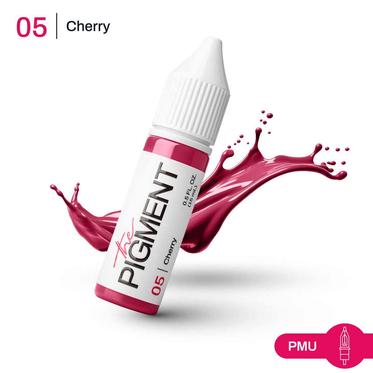 Textura del pigmento PMU 05 Cherry en rojo cereza intenso, ideal para lip blush y resultados modulables en labios.